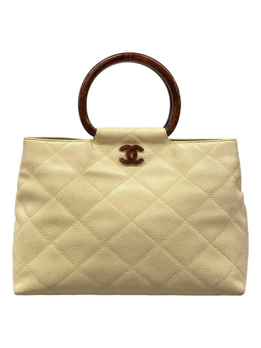 Chanel Handbag Quilted Beige Wood Handle